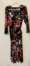 Connected Apparel Black  Floral Print Dress Size 12 3/4Sleeve V-Neck
