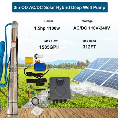 1.5HP 3''  AC/DC 110V/220V Solar Powered Submersible Hybrid Bore Well Water Pump