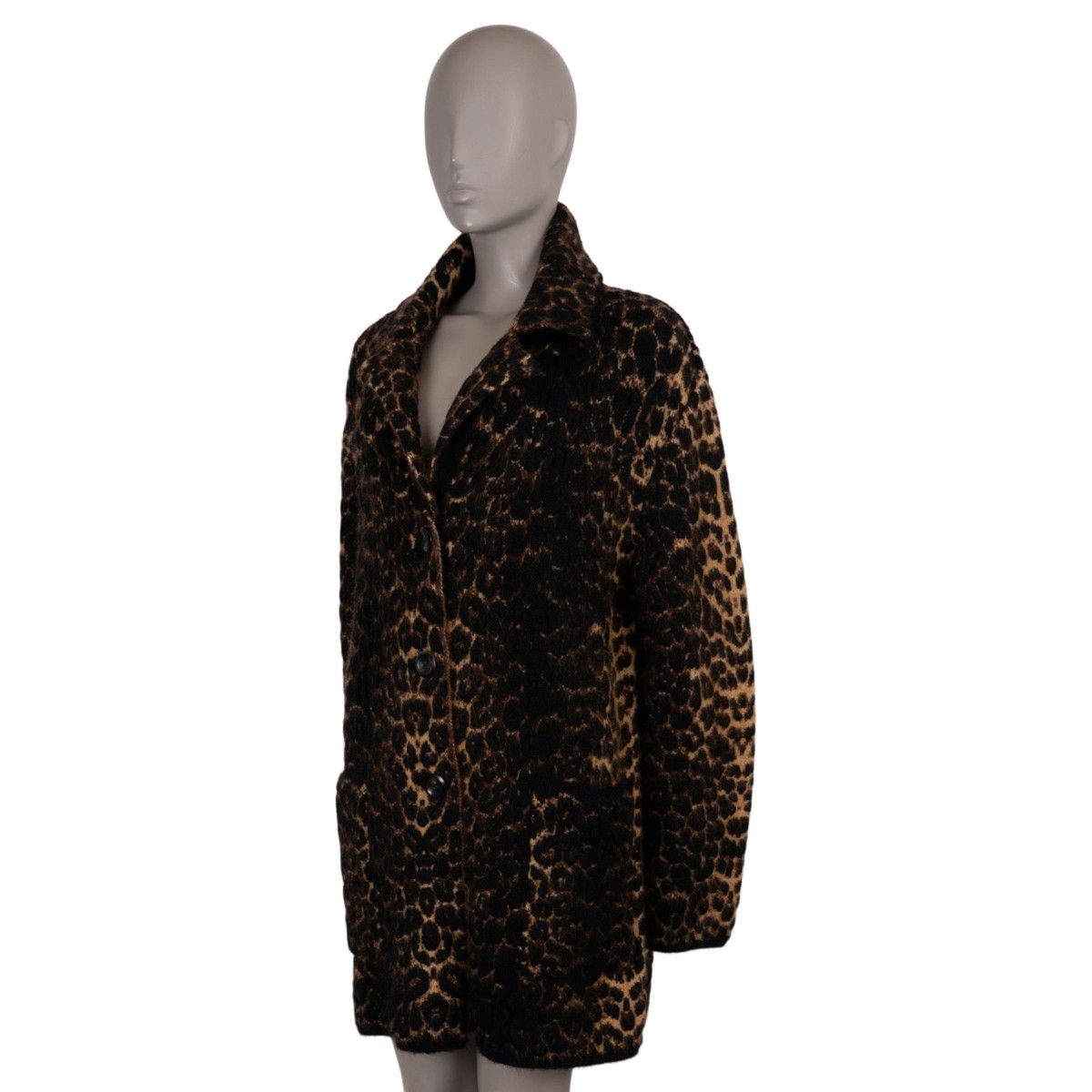 【OG】 72501 auth SAINT LAURENT brown wool 2020 LEOPARD JACQUARD Coat
