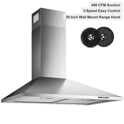 30in Wall Mount Range Hood Stainless Steel 3-Speed 450CFM Kitchen Vent LEDs New