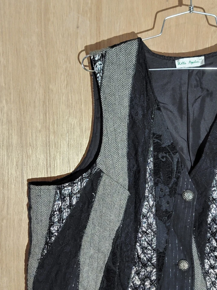 Ulla Popken Women’s Black Silver Patchwork Vest Button Front Textured 20/22 - Image 2 of 4