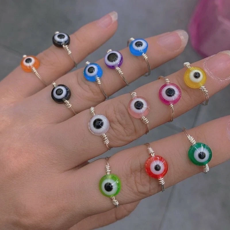 Women Turkish Blue Evil Eye Open Silver Plated Rings Adjustable