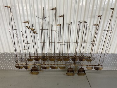 Midcentury C Jere '79 Abstract Boats Harbor Metal Wall Sculpture