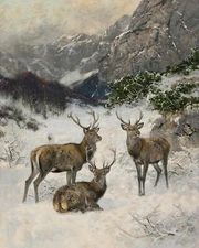 Deer in a Winter Landscape Antique Painting Giclee Print on Fine Art Paper