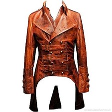 Men Gothic Tailcoat Steampunk Victorian Real Brown Leather Trench Long Coat