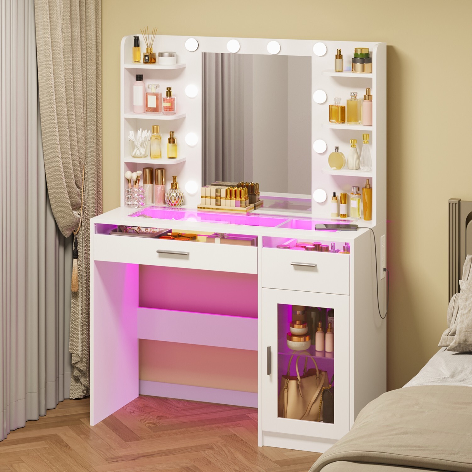 Glass Top Vanity with 2 RGB Drawers Vanity Desk with Mirror and Lights