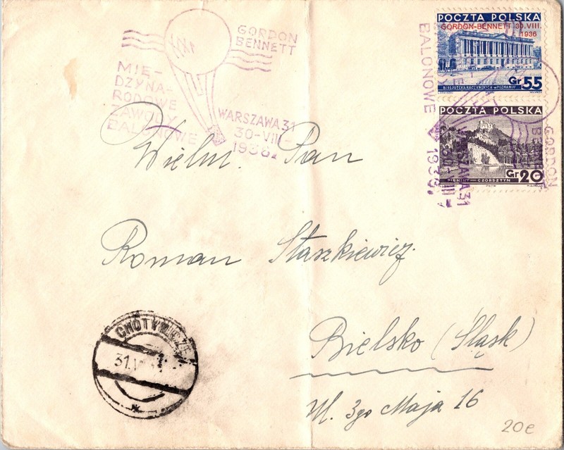 1936 Warzaw Poland Rare Ballon Flight Expres Airmail Local Cover to Bielsko