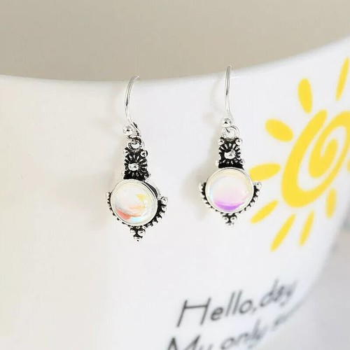 925 Silver Boho Natural Stone Moonstone Earrings Dangle Hook Drop Charm Women - Picture 5 of 7