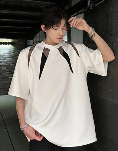 Men's Youth Short Sleeve Round collar Hollow Mesh Chic Shoulder pads T-shirt - Picture 15 of 16