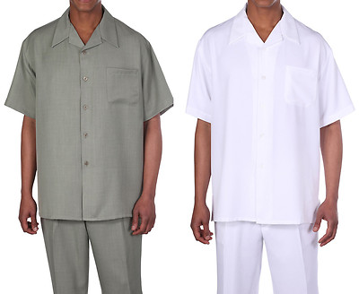 New Mens 2pc Walking Suit Short Sleeve Casual Shirt and Pants Set - Navy