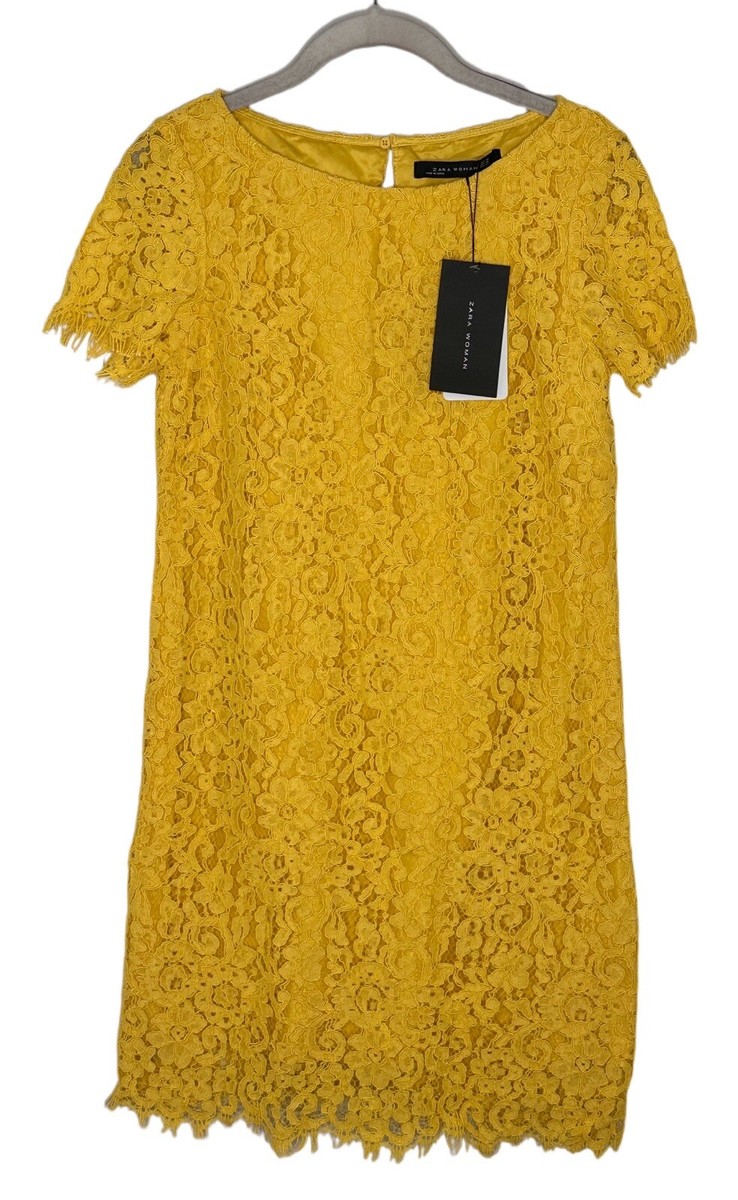 ZARA Woman Yellow Crochet Lace Short Sleeve Sheath Dress