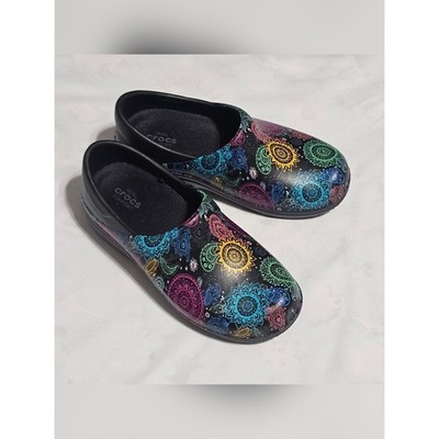 CROCS Black Slip-On Clogs with Multicolor Floral Mandala Print