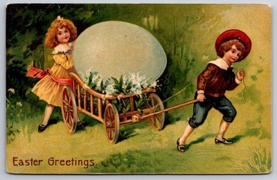 Holiday~Easter Greetings~Boy Pulling Giant Egg Wagon~Girl~Flowers~1909 Postcard