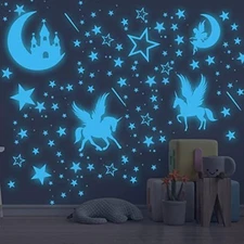 Glow in The Dark Unicorn Wall Decal Sticker, Cute Fairy Girl Bedroom Star Dec...
