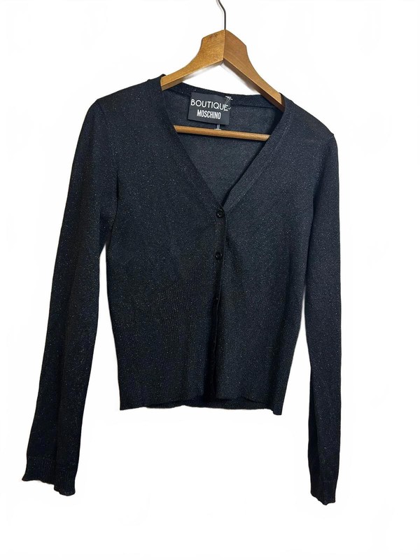 Boutique Moschino Cardigan Black Glitter Sparkle V Neck Button Knit XS UK 6 8