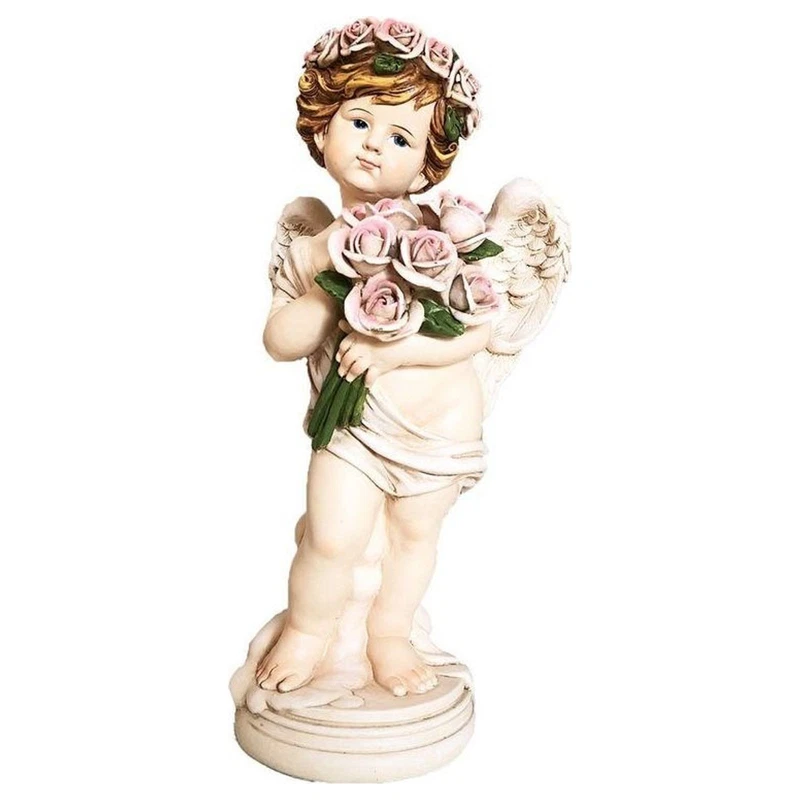 Angelo in Resina con Mazzo di Rose 32 cm Statuetta Soprammobile Cherubino
