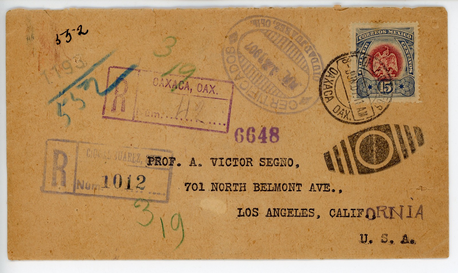 1907 Mexico Oaxaca Registered Cover to USA w/ OAXACAS CORREOS Wax Seal