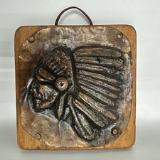 Vintage Embossed Metal Native American with Headdress Plaque - Signed 
