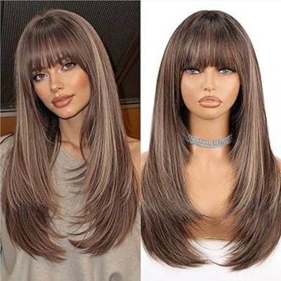 Wig - Human Hair Blend - Long Straight Layered Dark Brown Bangs Heat Resistant