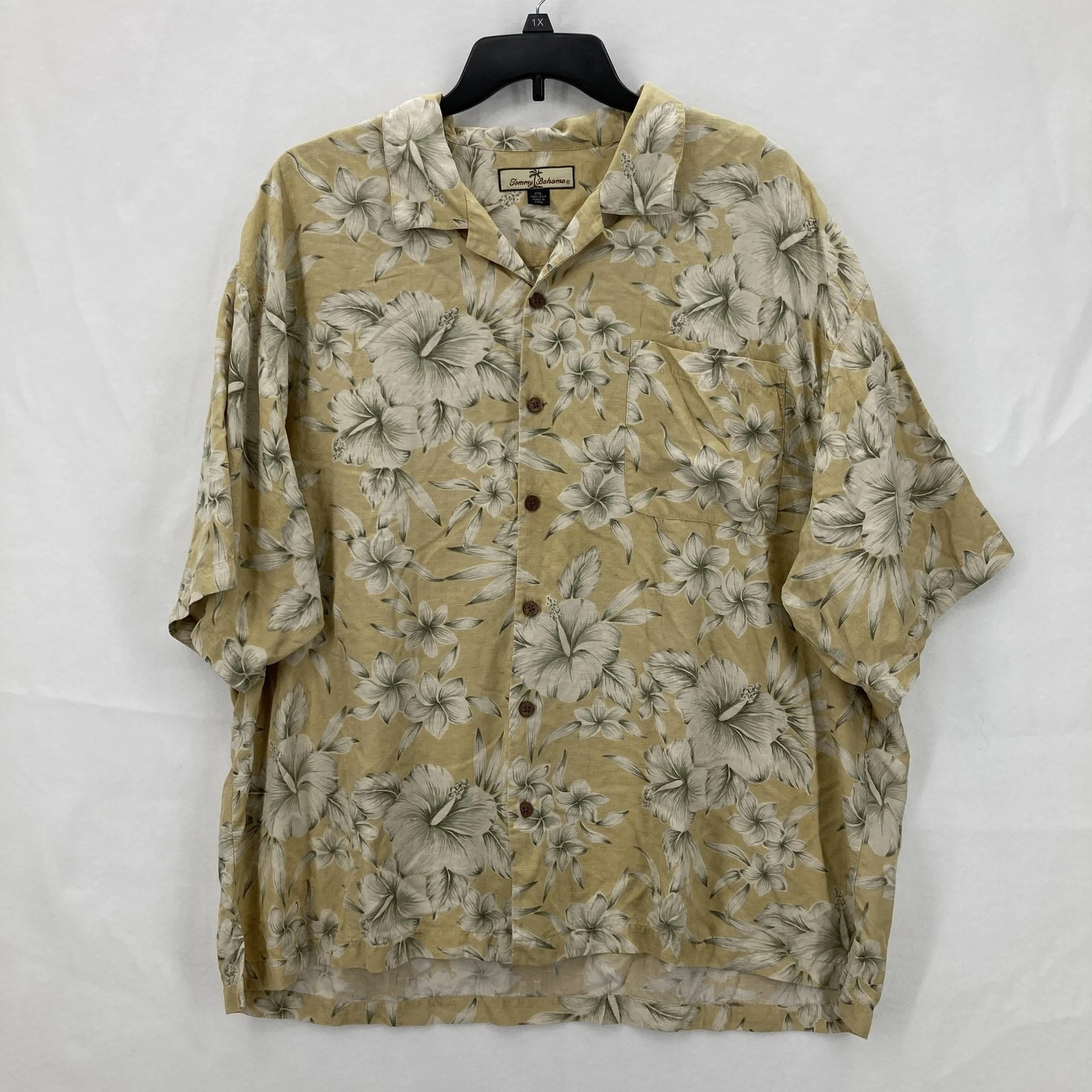 Tommy Bahama Shirt Mens 2XL Yellow Silk Floral Hawaiian Button Up Camp Preppy