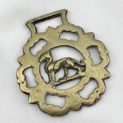 Brass Horse Medallion Vintage English Hound Sport Pup Dog Bat Wing Show Harness