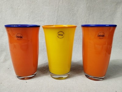 3 DANSK Borderline Hand Blown Cased Glass Tumblers 16 oz Yellow Orange Blue