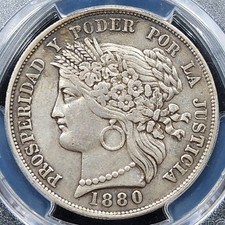 Silver 1880 B BF Peru 5 Pesetas | PCGS AU50