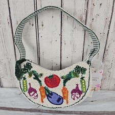 Beaded Bag Veggie Vegetable Purse Crescent Handcrafted Gingham Strap India New