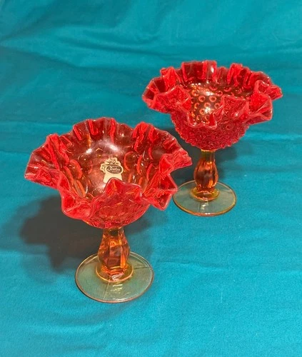 Fenton Ruby Hobnail Cabbage Rose Compotes Uranium Glass Base PAIR Glow UV Label
