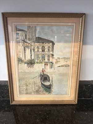 Luigi Lanza Signed Watercolor Gondola On Grand Canal Venice 12 x15  Frame *READ*