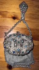 Antique Victorian German Silver Mesh Purse Butterfly Frame Enamel Stones