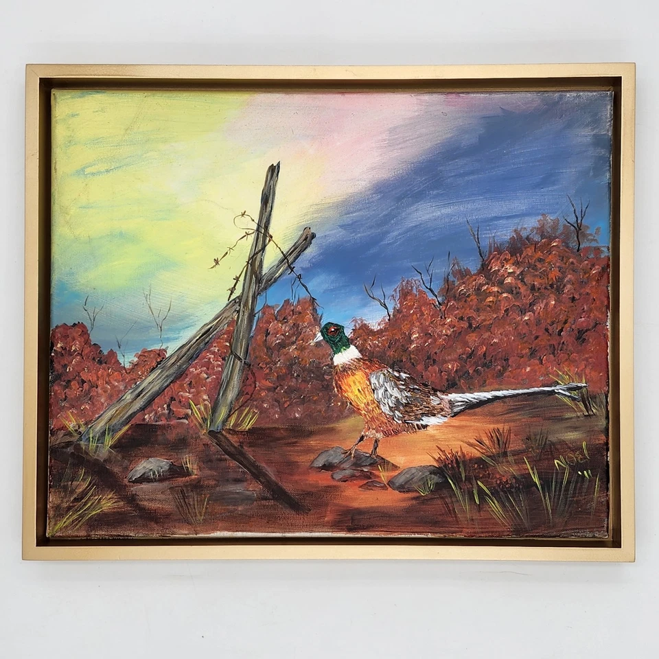 Pintura al óleo original anillo cuello faisán pájaro vida silvestre arte rústico otoño otoño Foto 3 de 4