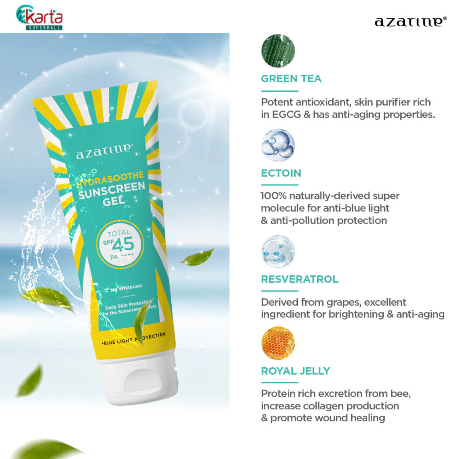 AZARINE Hydrasoothe Sunscreen Gel Sensitive Skin Moist SPF45 PA+++ 50g