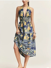 Farm Rio A-Line Sleeveless Halter Midi Cotton Pineapple Print Dress size S