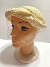 Off White Cream Daisy Straw Hat w Rhinestone Accents Lace Veil Church Wedding