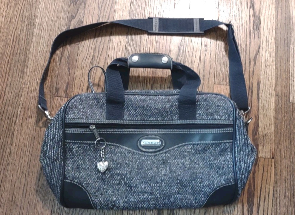 Vintage Jaguar Tweed Travel Bag Gray Black Duffel Carry-On Luggage Heart Charm