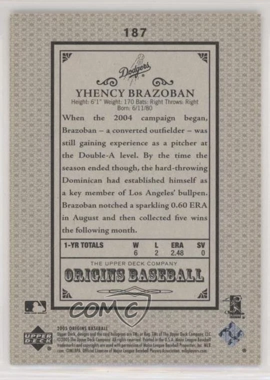 2005 Upper Deck Origins Old Judge Blue /50 Yhency Brazoban #187 - Image 2 of 2