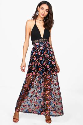 BOOHOO BOUTIQUE BLACK EMBROIDERED MESH FLOWER SEMI SHEER MAXI UK 8 XS  ROKSANA | eBay