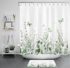 Modern Green Eucalyptus Leaf Pink Floral Shower Curtain Set for Bathroom Decor