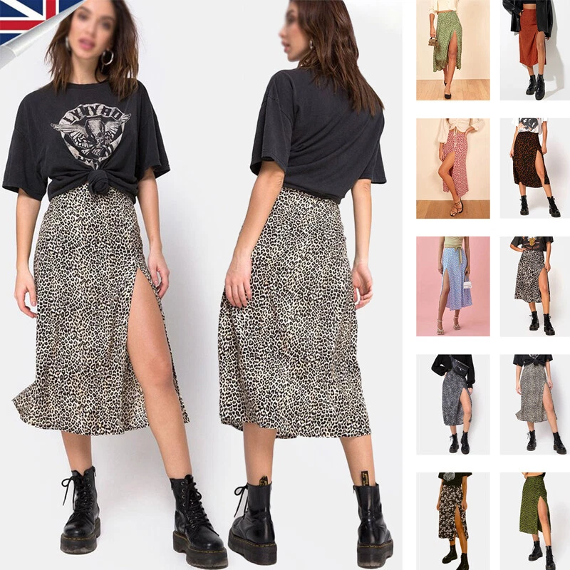 Summer Women High Waist Leopard Print Dress Ladies Side Split A Line Midi Skirt