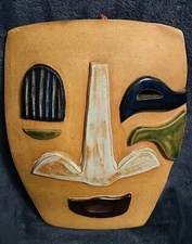 Signed Abstract Cubism Pottery Sculpture Face Wall Hanging 12”x9”