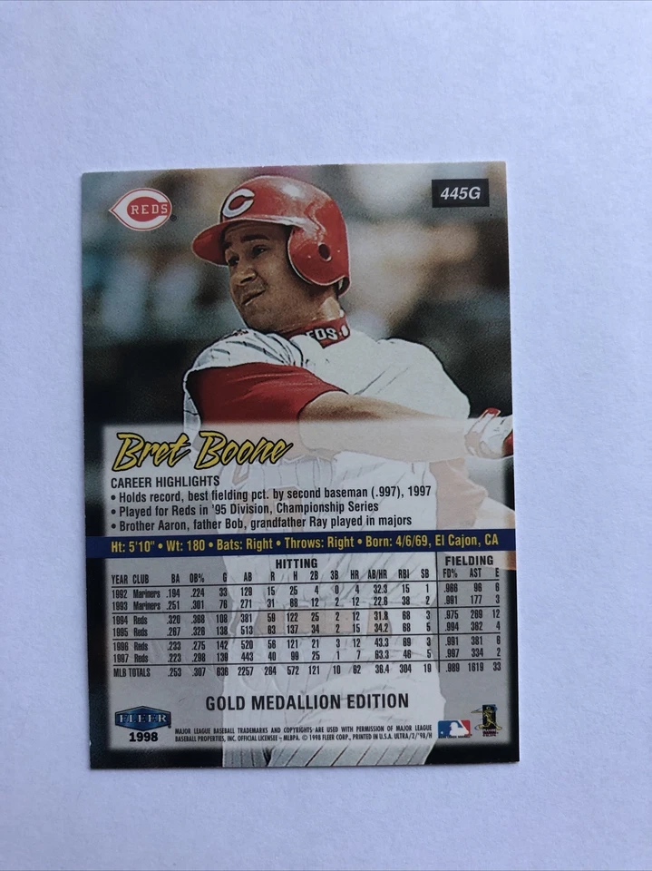 1998 Fleer Ultra Gold Medallion Bret Boone Cincinnati Reds #445G NM - Image 2 of 2