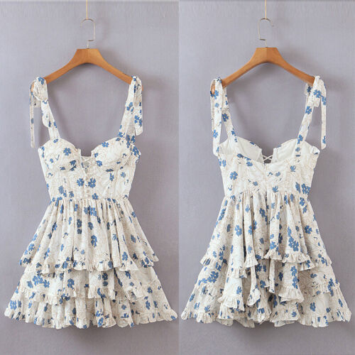 Damen Blumenriemen Cami Kleid Sweetheart Ausschnitt Hohe Taille Abgestuft Sommer - Picture 6 of 12