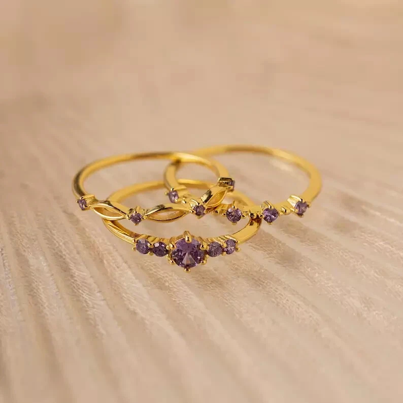 14K Yellow Gold Plated 2Ct Round Cut Lab Created Amethyst Wedding Trio Ring Set - Image 3 of 4