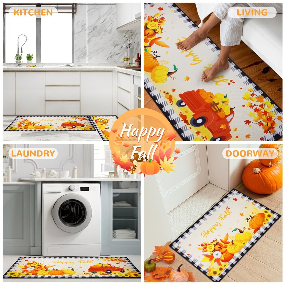Fall Kitchen Rugs,Happy Fall Pumpkin Kitchen Mats Set of 2,Autumn