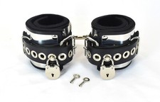 Locking Metal Band Lined Leather Ankle Bondage Cuffs by Axovus