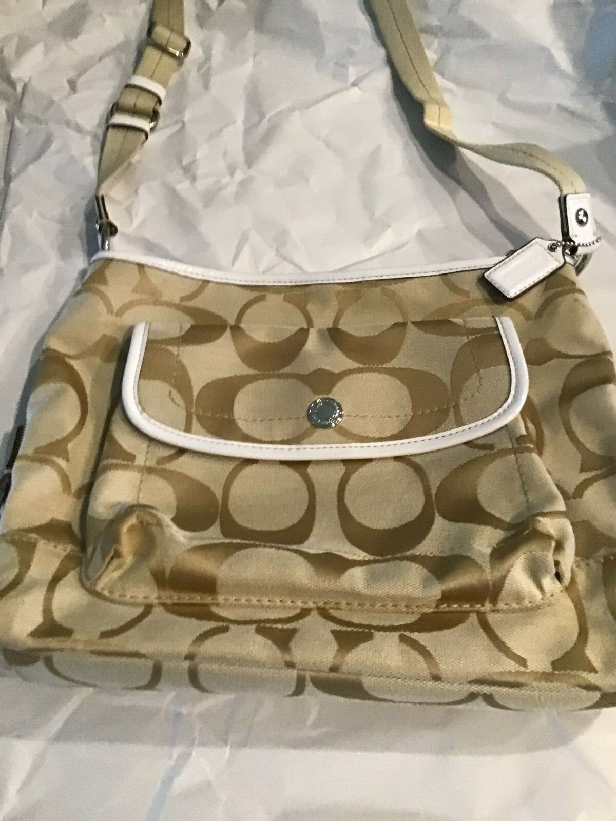 Coach Tan/Brown Purse w/White Trim & Purple Lining Gem
