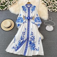 Women Date Spring Summer Floral Print Collar Long Sleeve Party Long A-line Dress