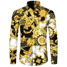 2025 New Luxury Golden Flower Chain 3D Print Men Long Sleeve Shirt Casual