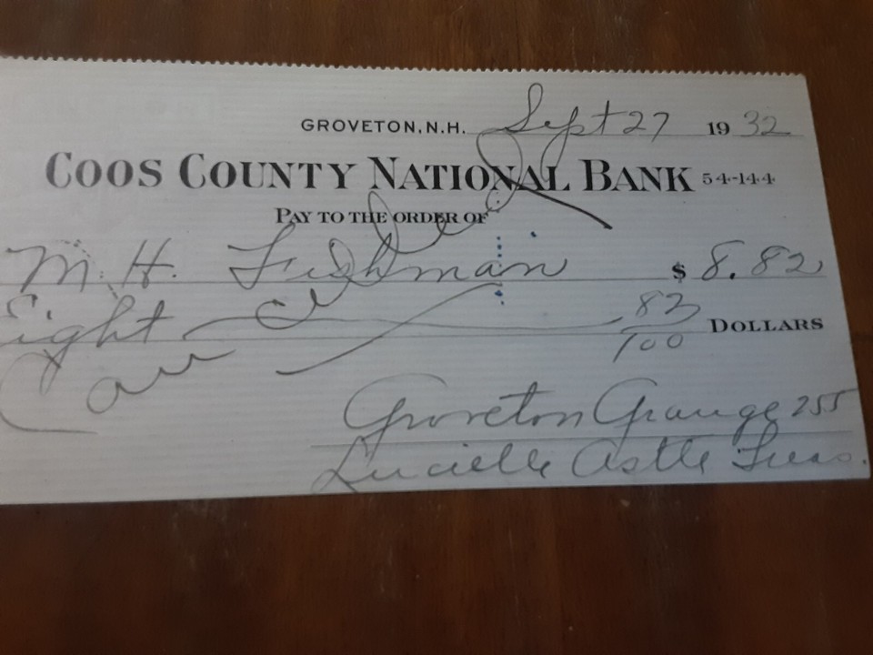 1932 RARE COOS COUNTY NATIONAL BANK GROVETON NH CANCELLED CHECK "COHOS